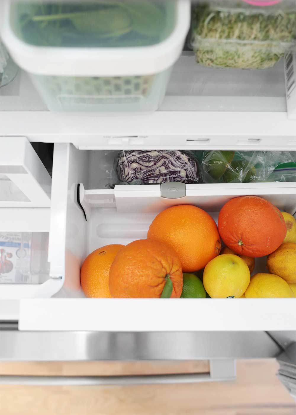 The Minimalist Fridge with OXO green savers and The Fauxmartha