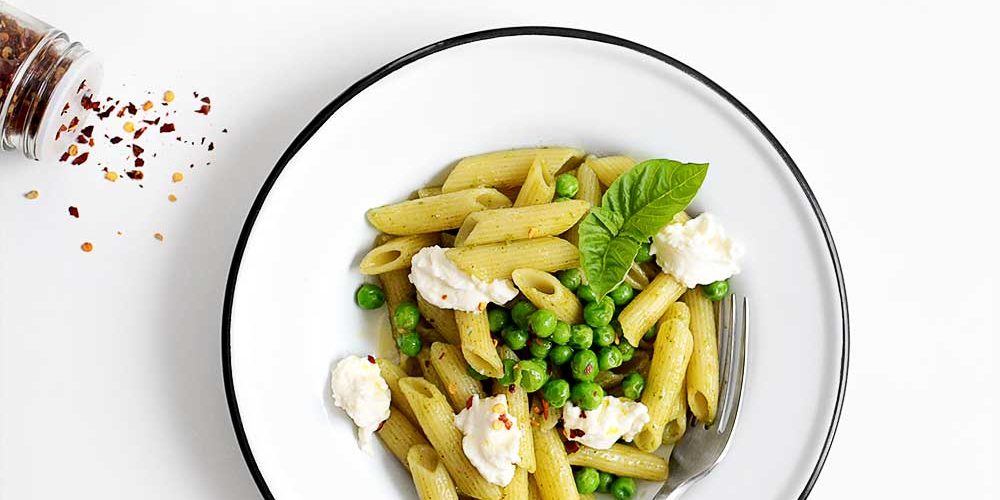 Homemade Ricotta on Pesto Pasta from The Fauxmartha