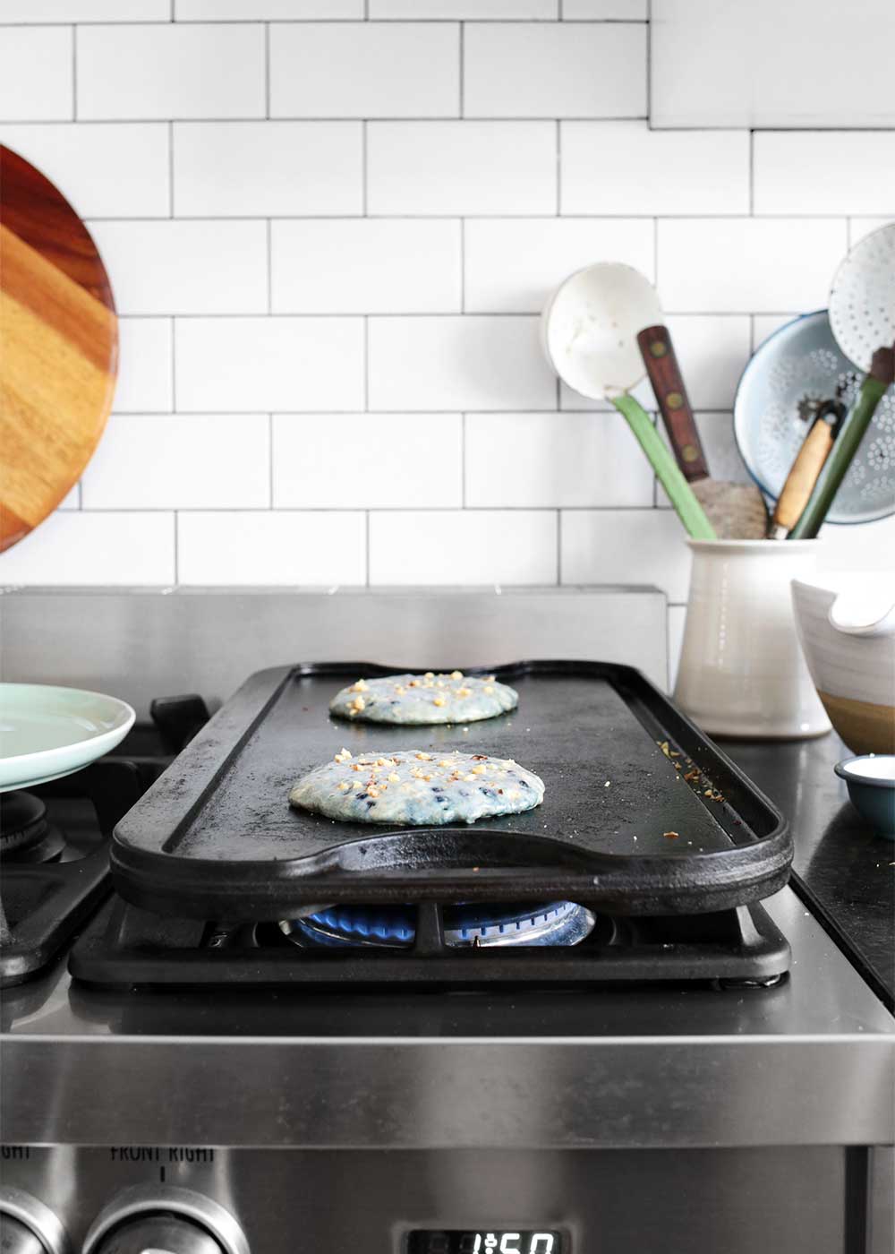 Cooking pancakes on a cast iron skillet