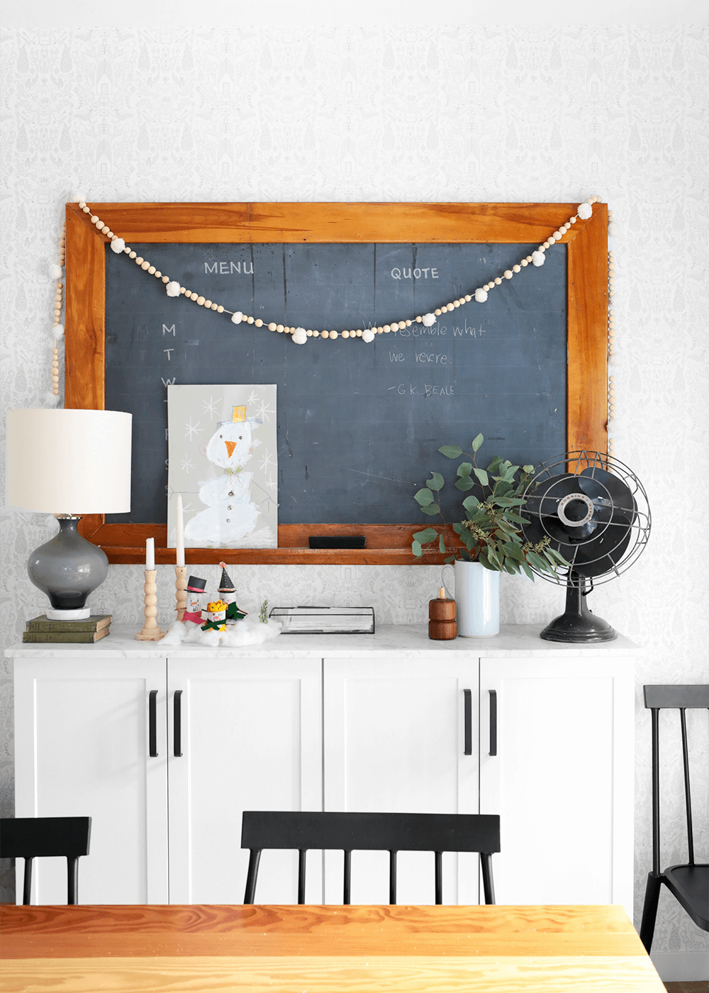 Nordic Winter Wreath in dining room at the fauxhouse