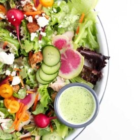 pantry friendly green goddess dressing in salad bowl from the faux martha