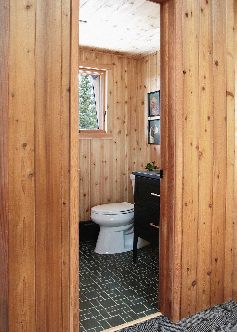 The Minne Stuga upstairs Cabin Bathroom reveal from The Faux Martha with mercuery mosaics tile