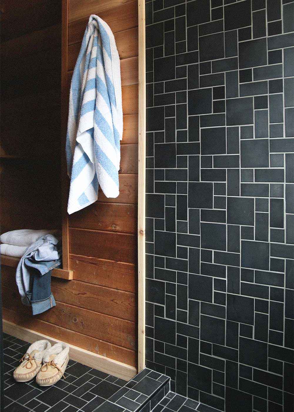 The Minne Stuga Cabin Bathroom with mercury mosaics tile from The Faux Martha